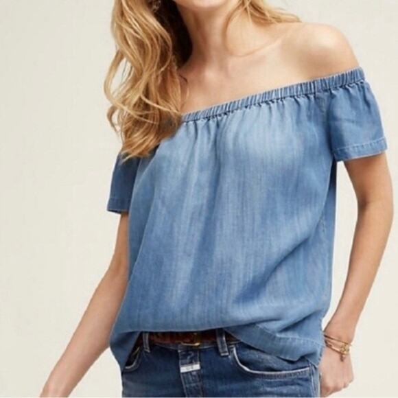 Cloth & Stone Denim Chambray 100% Tencel Off the Shoulder Blouse Top - Size XS - Picture 2 of 12